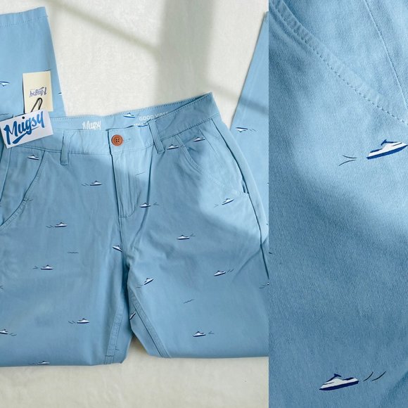Mugsy Mens Waverunner Chino Pants 31x30 GOOD VIBES Light Blue Stretchy Jet Ski - Picture 1 of 9